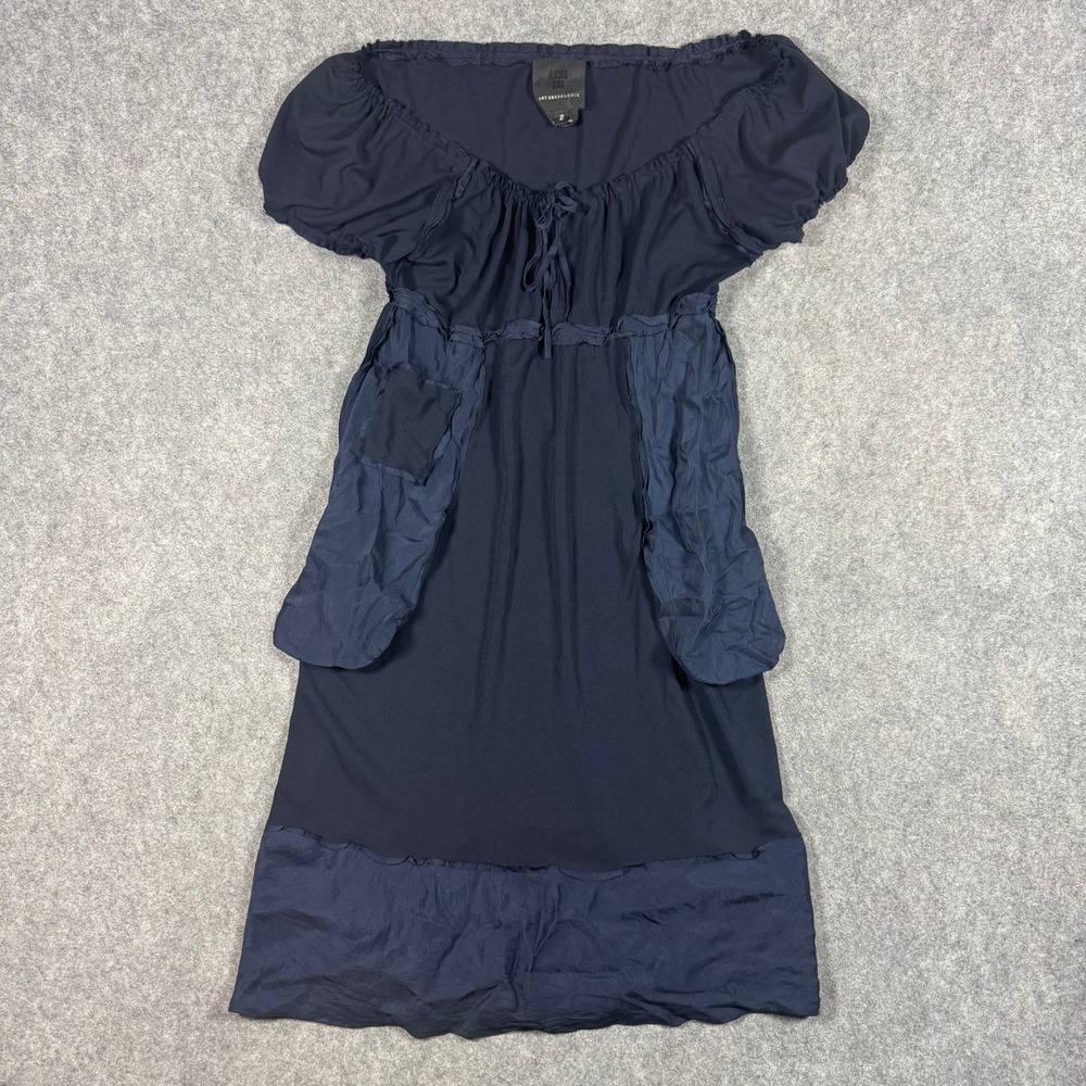 Anna Sui Anthropologie Dress Womens 2 Navy Blue Silk Trim Boho Puff Sleeve Mini